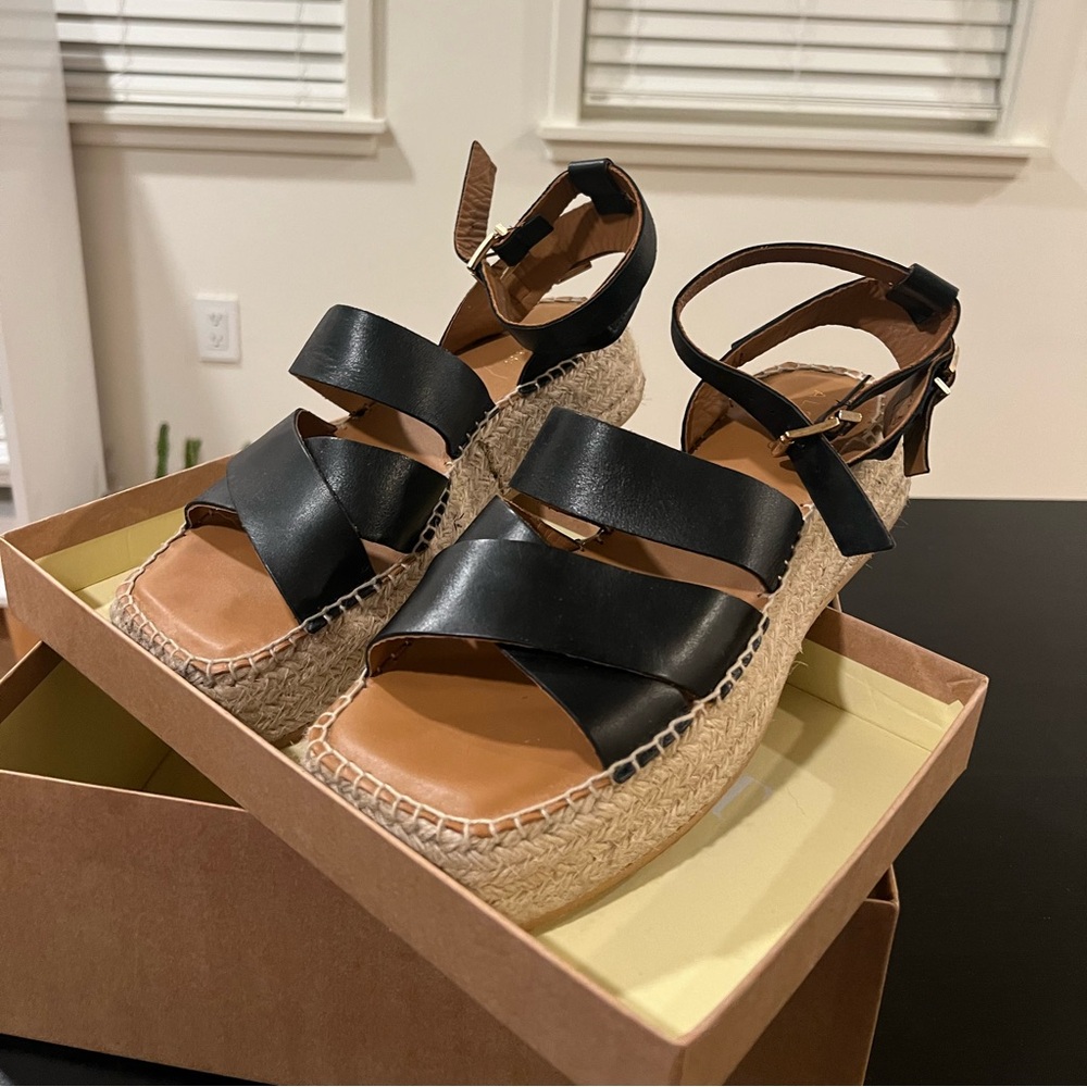 ALOHAS Square Toe Espadrille Sandal Size 39 Black Leather